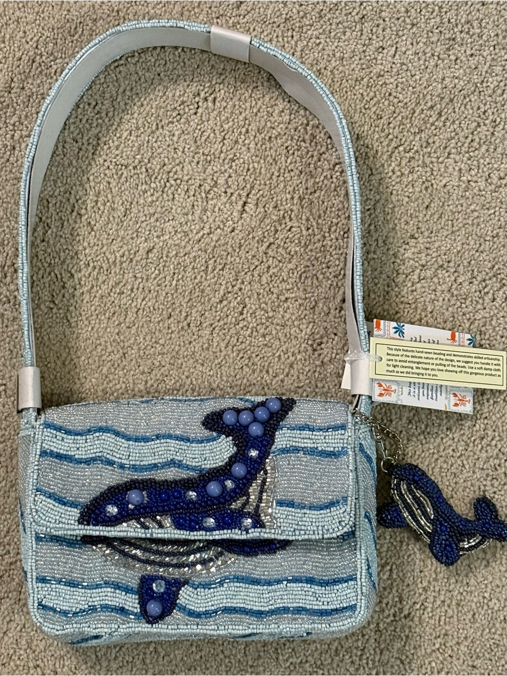NEW Beaded WHALE Blue & White Stripe Shoulder Bag With Whale Bag Charm